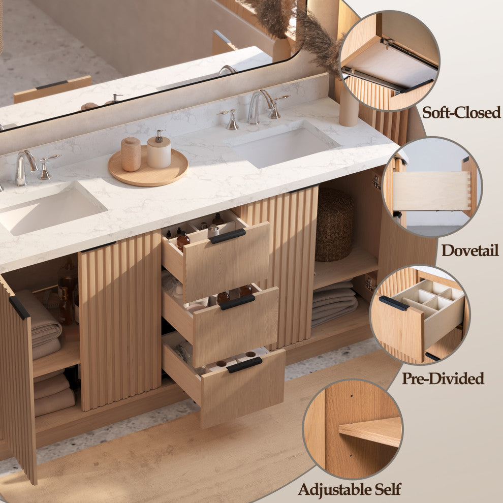 Kathryn Bathroom Vanity, Light Oak, 72", Double Sink, Freestanding