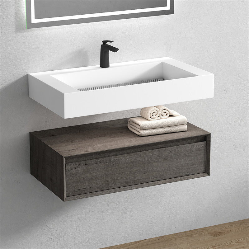 Alysa 36'' Floating Vanity, Acrylic Sink, Smoke Oak