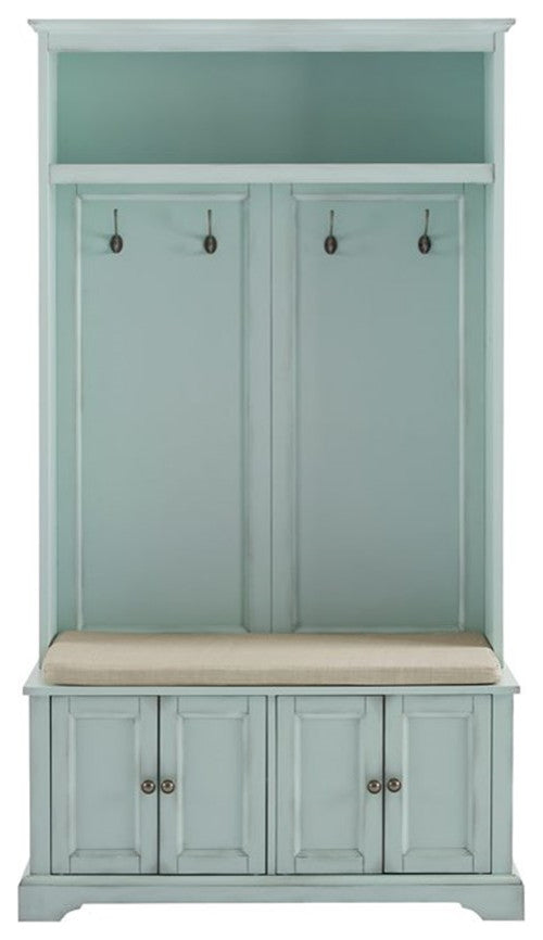 Bowery Hill Traditional Wood Hall Tree in Seafoam Blue/Oatmeal