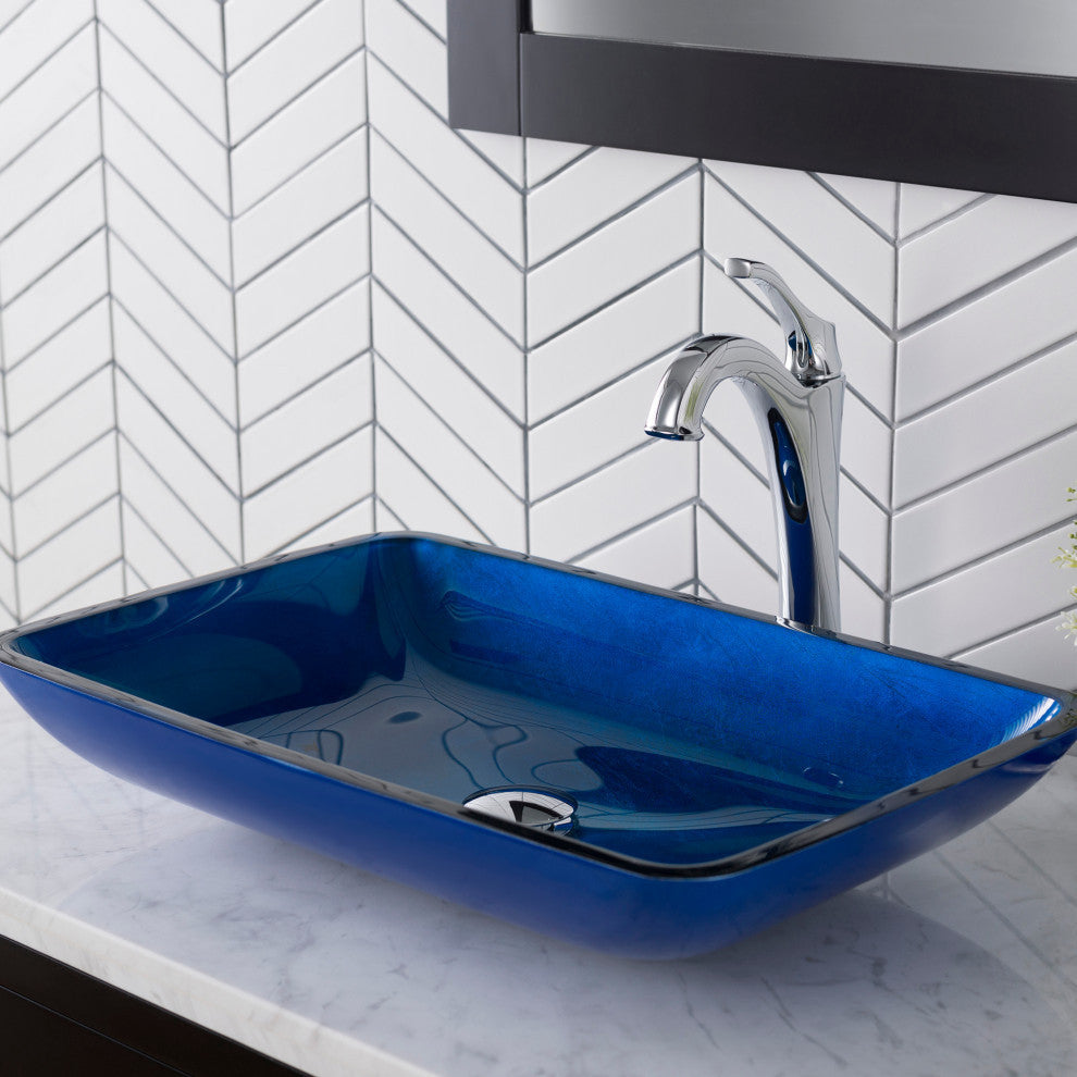 Glass Vessel Sink, Bathroom Arlo Faucet, PU Drain, Mounting Ring, Chrome