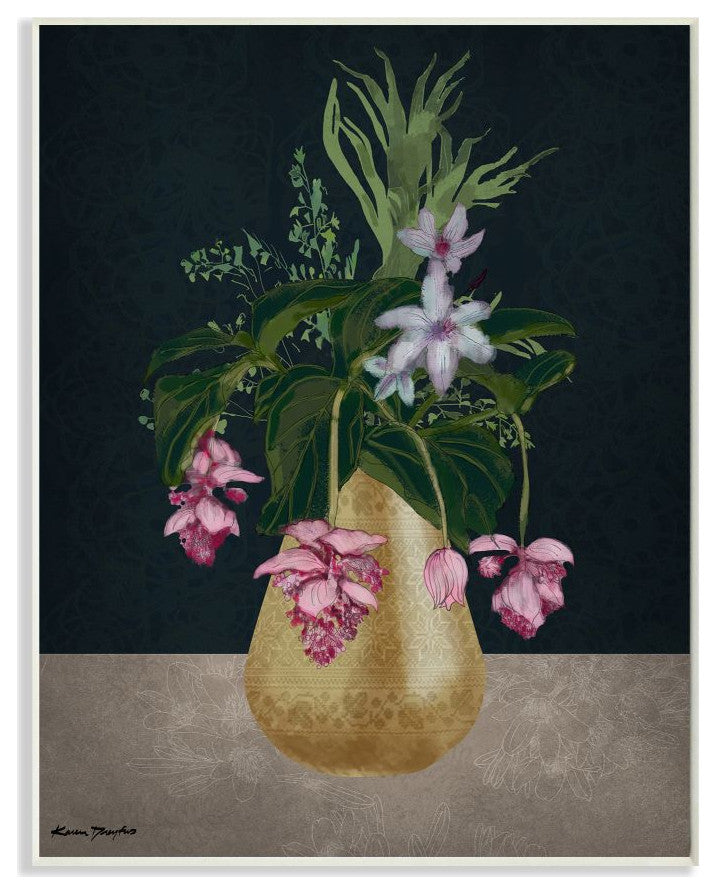 Gold Vase Pink Flower Drawing, 10"x15"