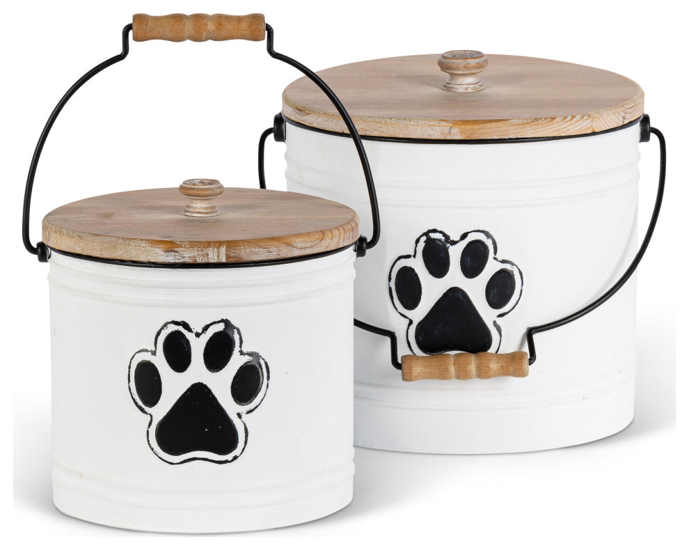 Set of 2, Assorted Metal Pet Storage Buckets, Wooden Lids and Handles