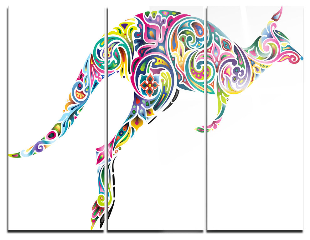 "Floral Kangaroo Running" Digital Metal Wall Art, 3 Panels, 36"x28"