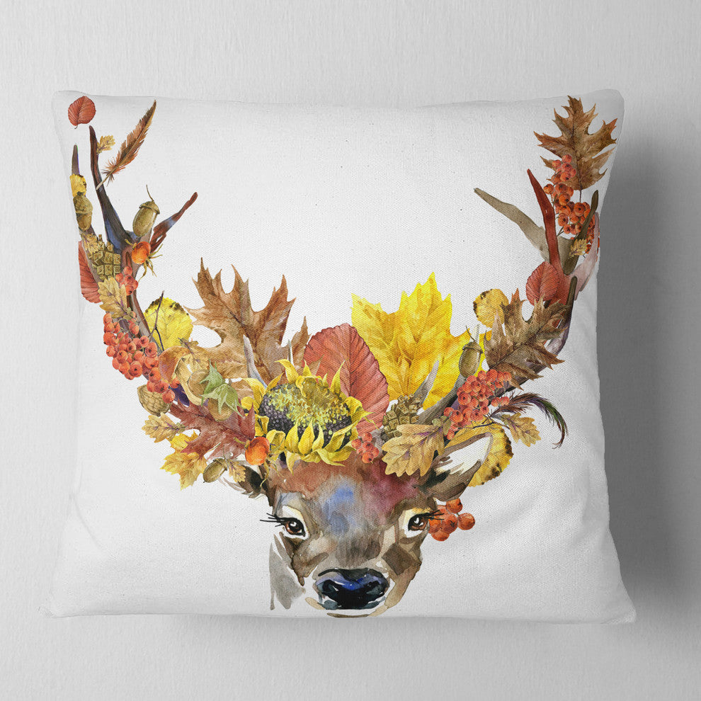 Roe Deer with Flowers Floral Throw Pillow, 16"x16"