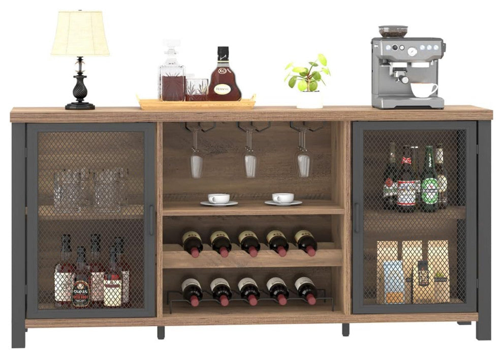 Rustic Bar Cabinet With Bottle Storage and Double Mesh Door Design, Rustic Oak