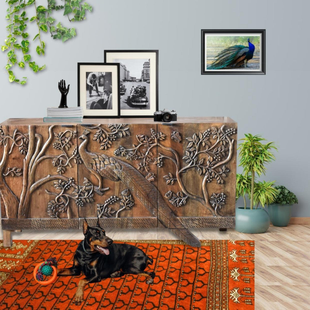 Mother Nature 60" Solid Wood Sideboard Hand Carved Peacock Bird Front Doors