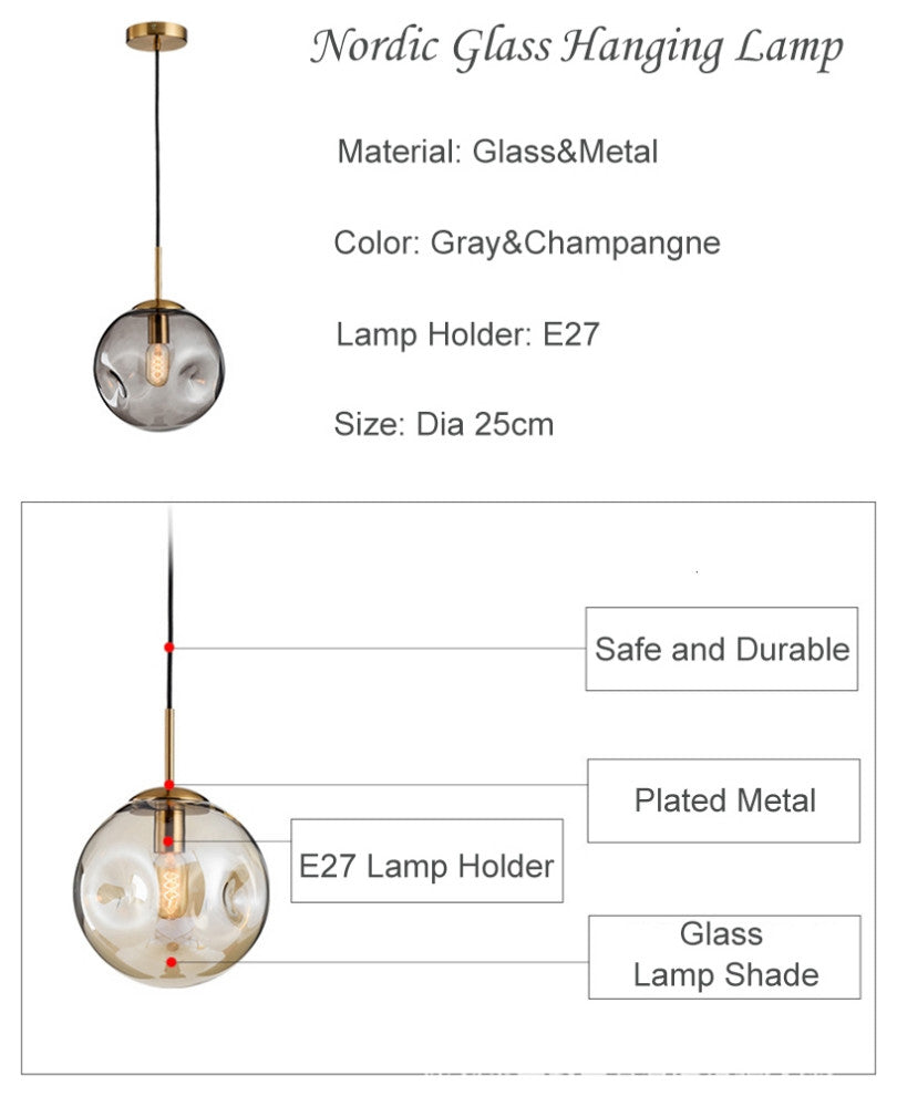 Loft Champagne/Grey Glass Ball LED Pendant Lamp For Restaurant, Lobby, Champagne
