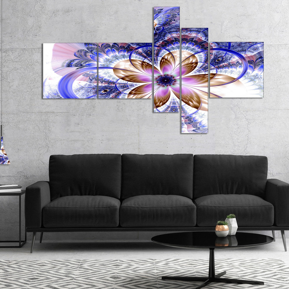 Blue Light Fractal Flower, Floral Art Canvas Print, 60"x32", 5 panels