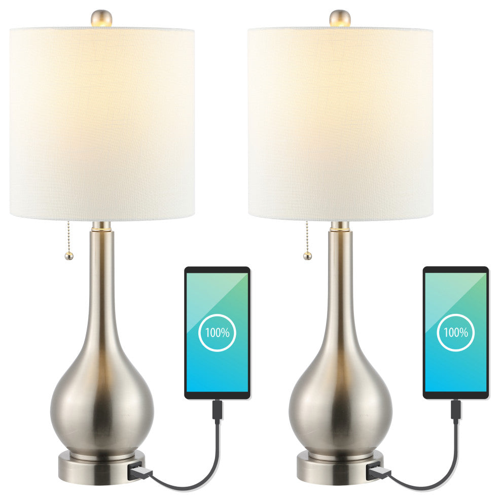 Tyler 24" Gourd Iron LED Table Lamp With Pull-Chain, USB Ports, Set of 2, Nickel