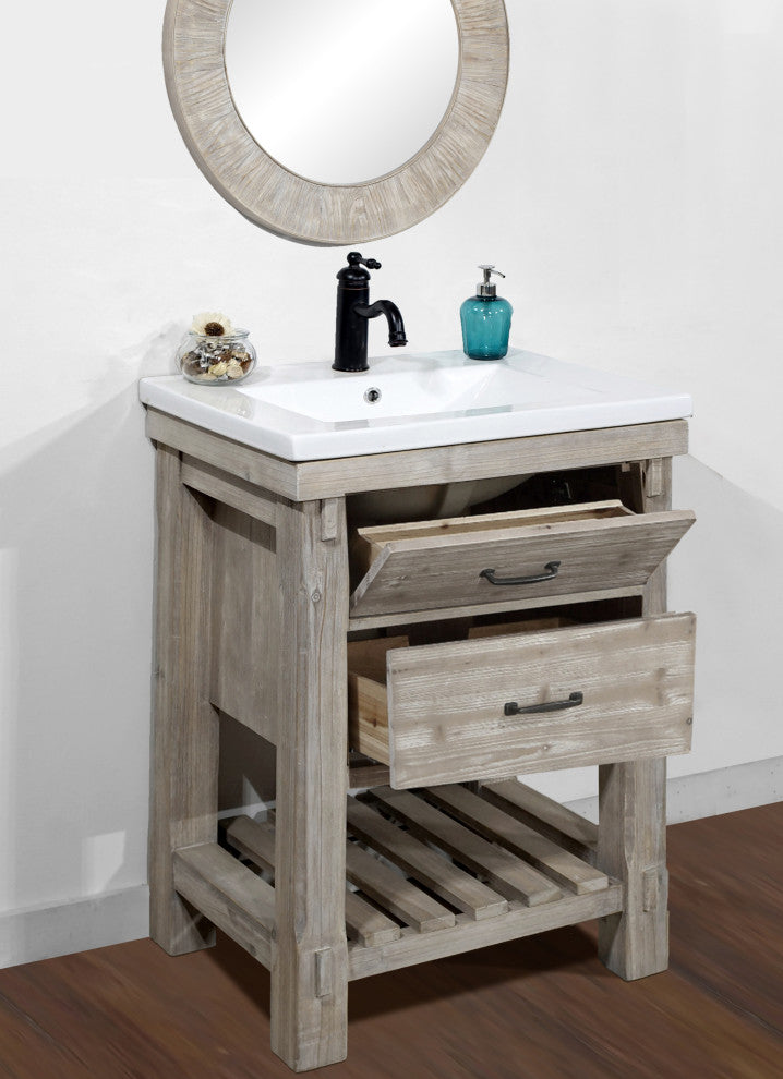 24" Rustic  Solid Fir Vanity With Ceramic  Single Sink, No Faucet