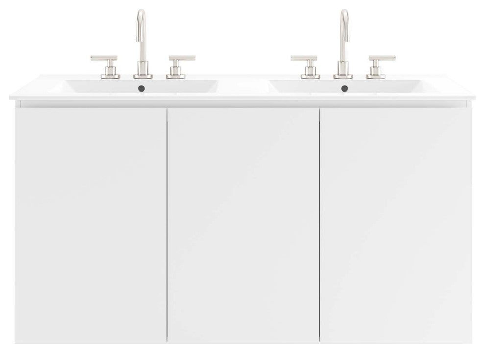Double Sink Vanity Cabinet, Wall Mount, White, Ceramic, Modern, Hotel Bathroom