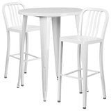 30" Round White Metal Bar 3-Piece Table Set With 2 Vertical Slat Back Stools