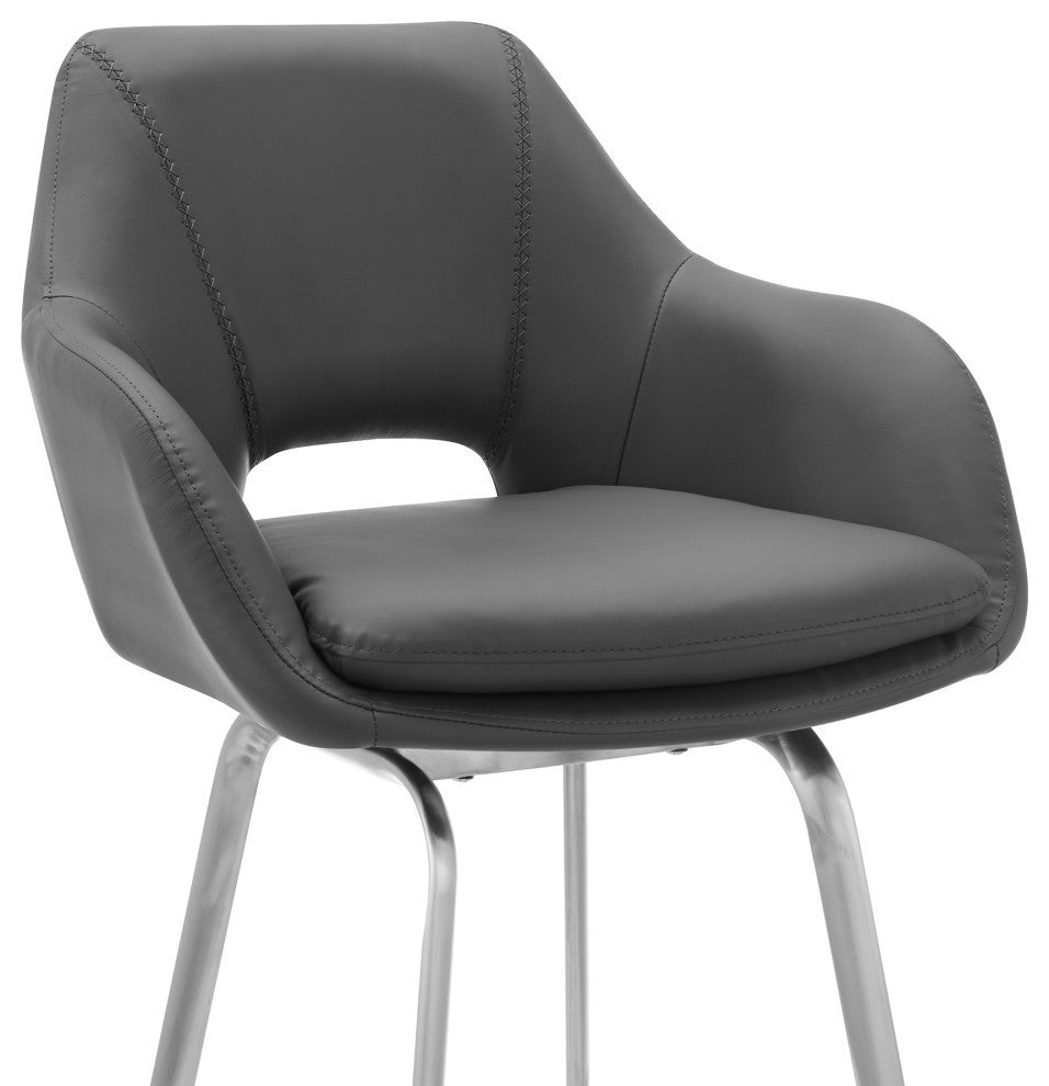 Aura Faux Leather and Metal Bar Stool, Stainless Steel/Gray, Bar Height, 29-32"