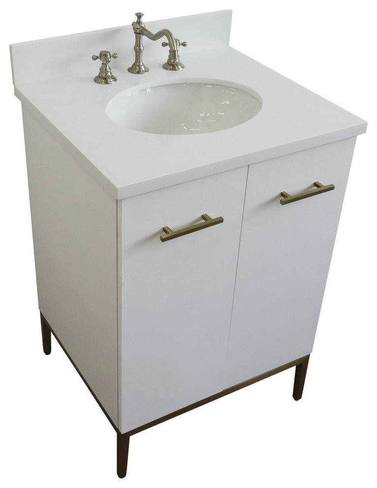 25" Single Sink Vanity, White Finish With Engineered Stone Top And Oval Sink