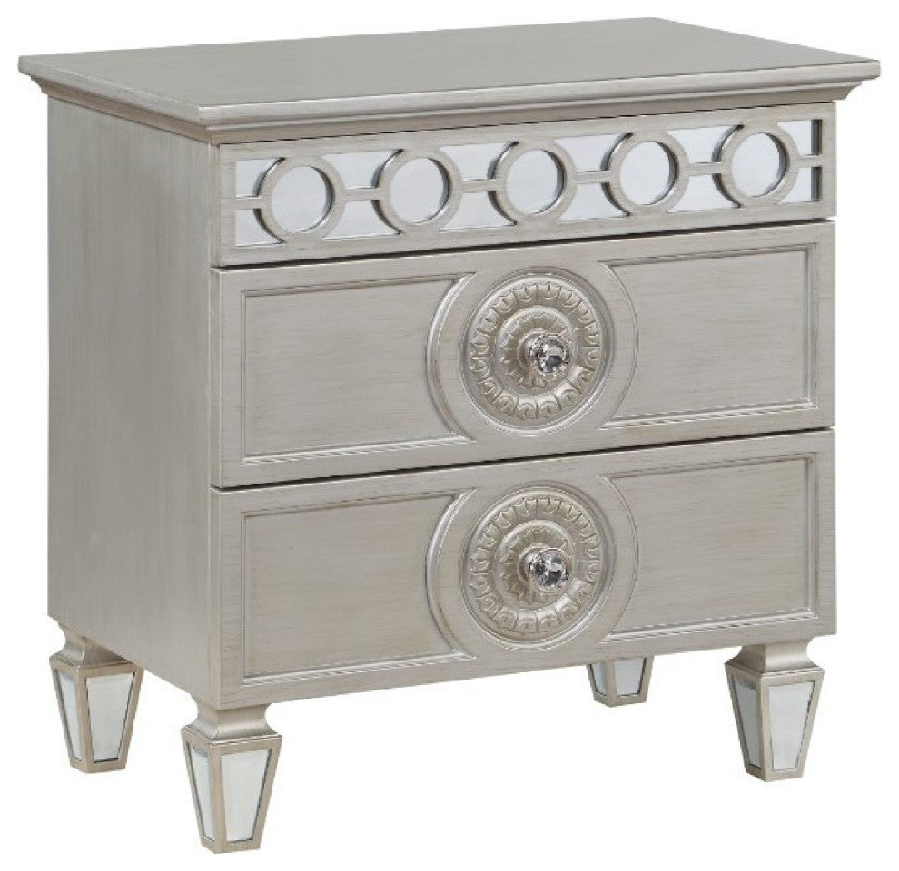Benzara BM275683 Modern Nightstand With 2 Drawers, Mirror Inlay Trim, Silver