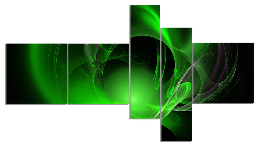 Green Galactic Nebula on Black, Abstract Wall Art Canvas, 60"x32", 5 panels