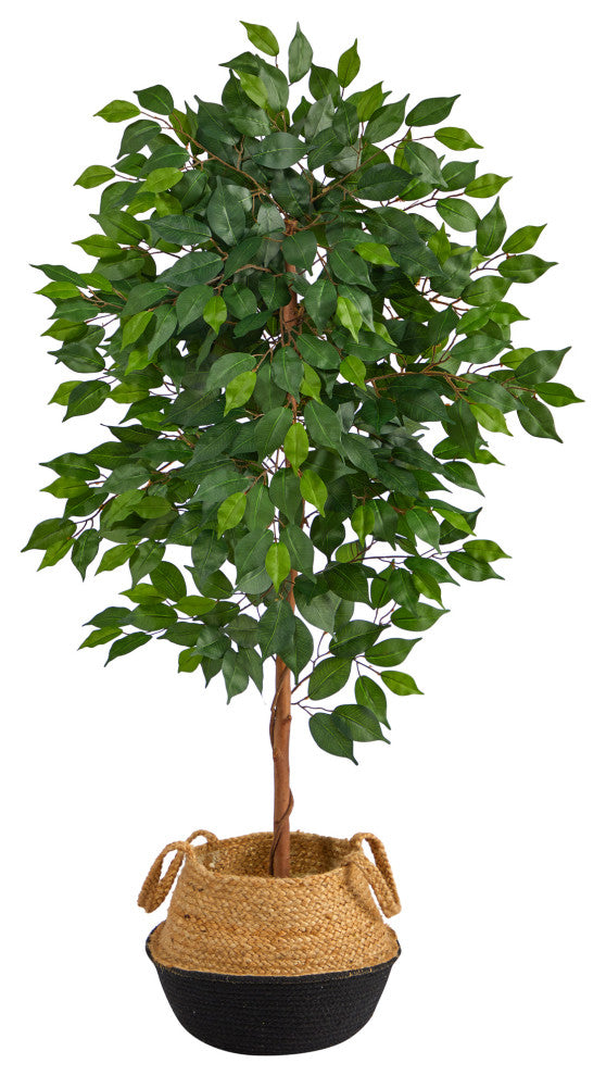 4' Ficus Artificial Tree in Boho Chic Handmade Cotton & Jute Black Woven Planter