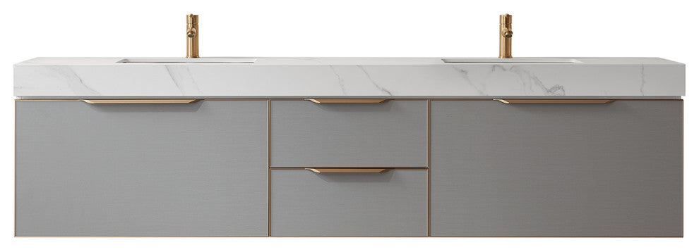 Alicante Vanity With Stone Countertop, Elegant Grey, 84", No Mirror
