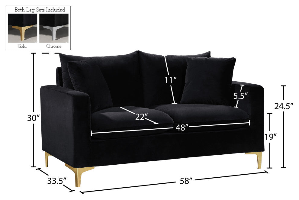 Naomi Velvet Upholstered Loveseat, Black