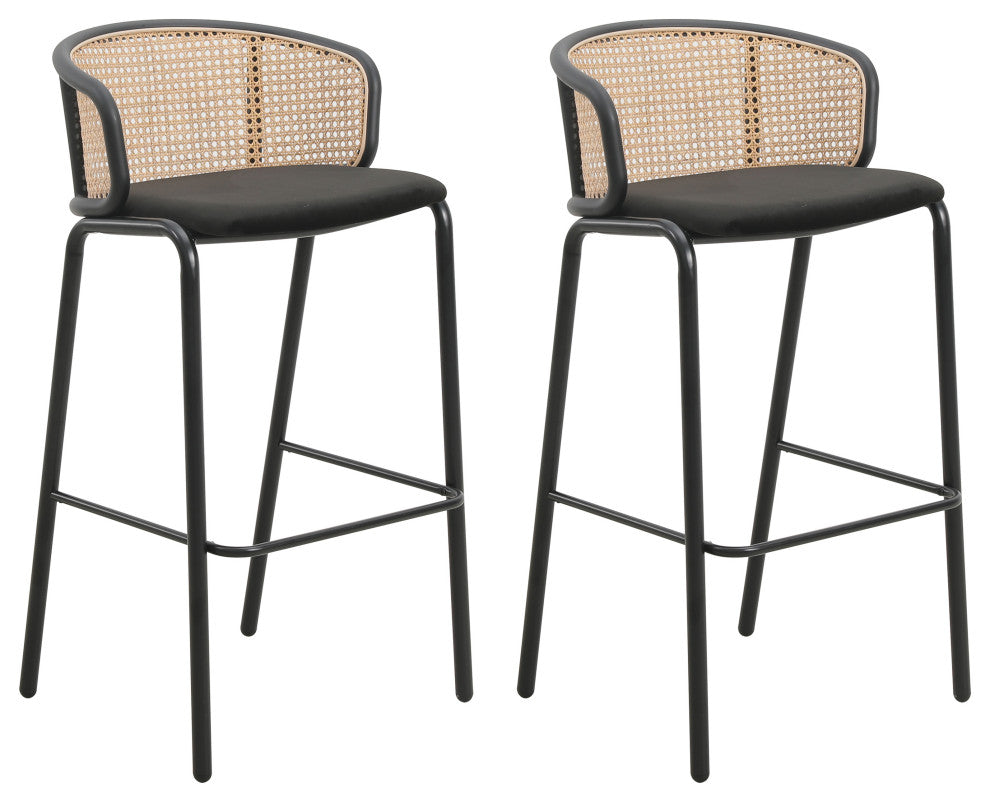 LeisureMod Ervilla Bar Stool with Black Powder Coated Frame Set of 2, Black