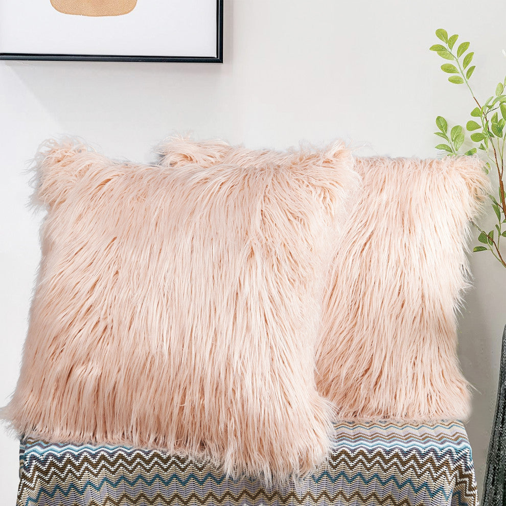 Mongolian Faux Fur Pillow Shell Set, Rose, 26"x26"