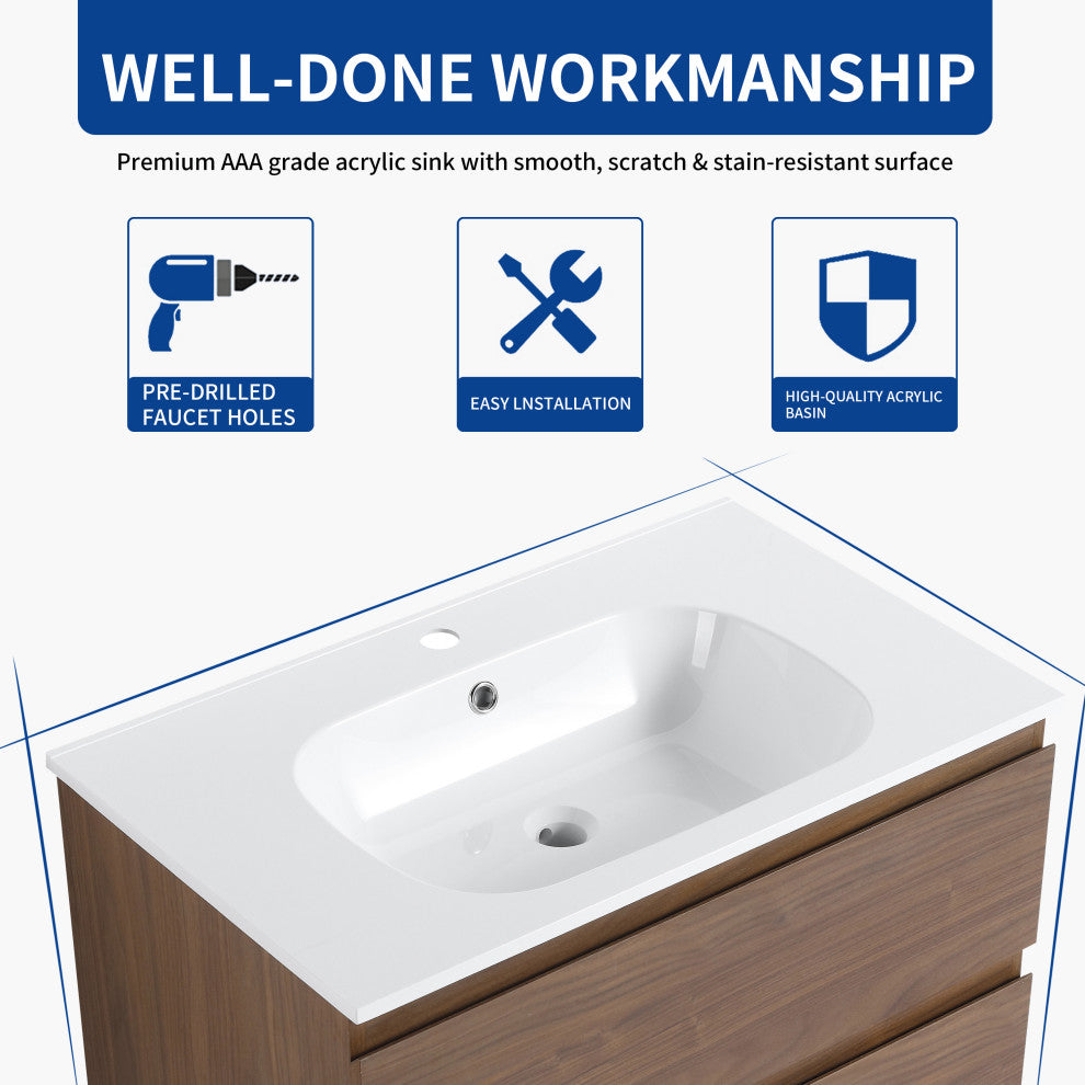 Wall-Mounted Plywood Bathroom Vanity Set in Light Oak with Integrated Gel Sink, Brown Oak, 30" X 18" X 20"