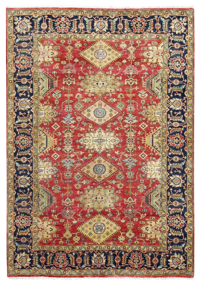 Red and Black Pure Wool Hand Knotted Karajeh Design Oriental Rug, 6'x8'9"