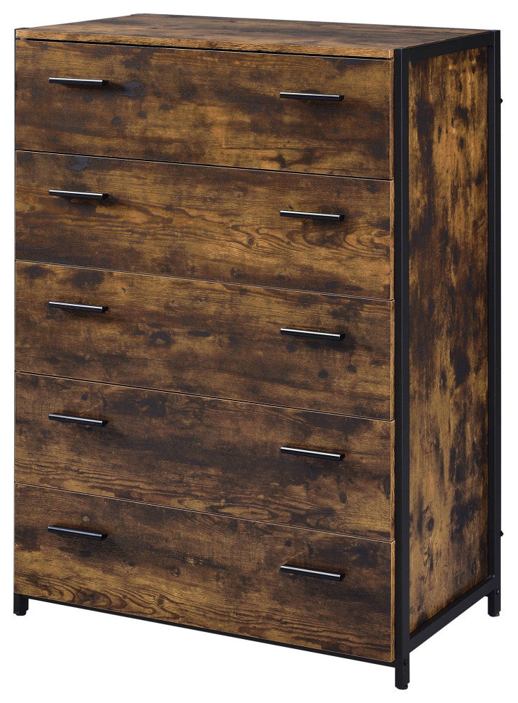 Industrial Vertical Dresser, 5 Drawers With Double Bar Pulls, Rustic Oak/Black