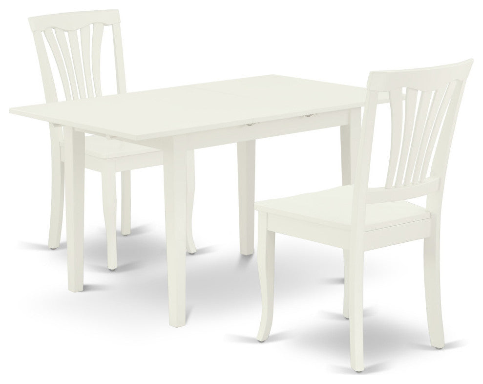 3Pc Dining Table Set 2 Dining Chairs, Butterfly Leaf Dining Table, Linen White