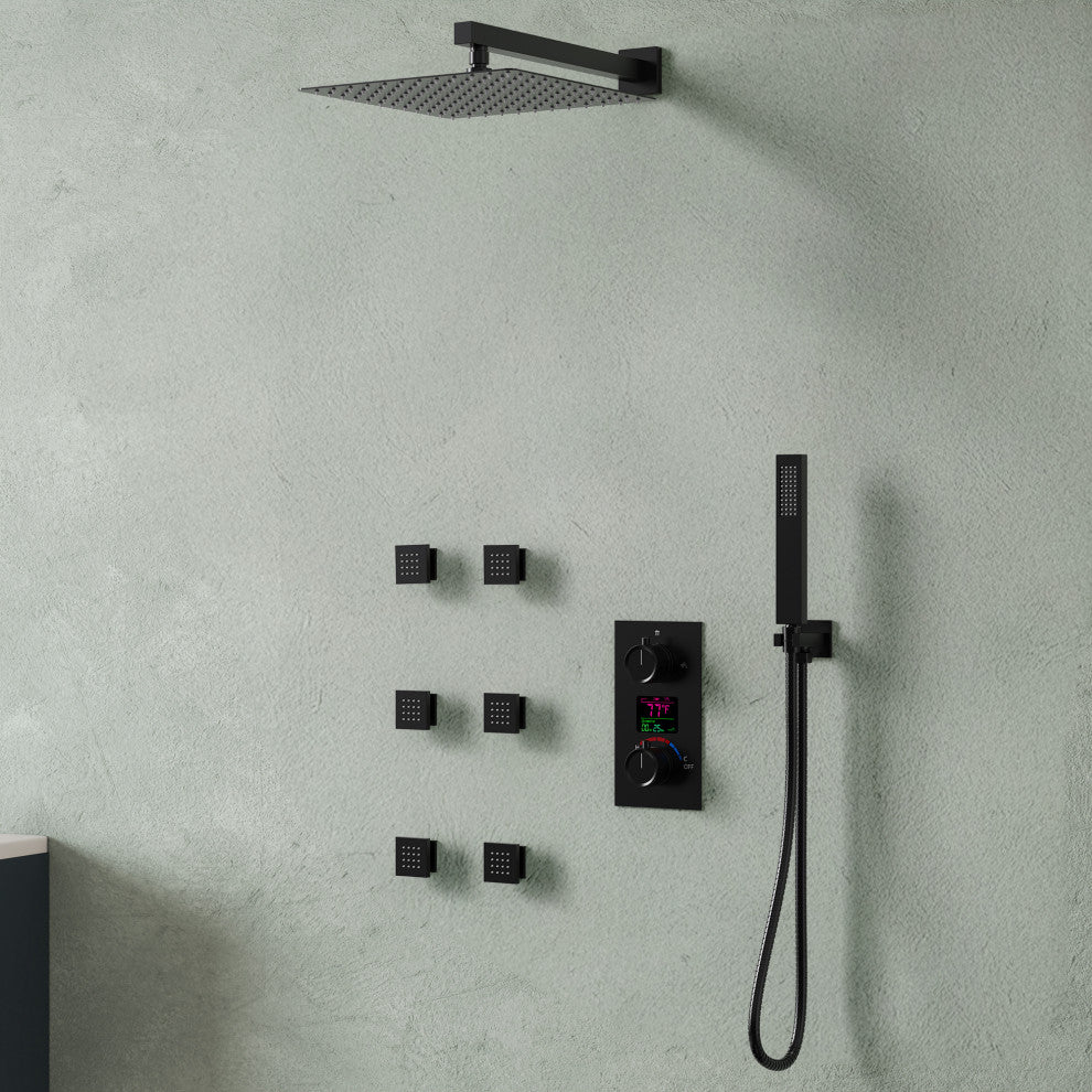 LED Temperature Digital Display Shower System With Body Jets, Matte Black, 12 Inches