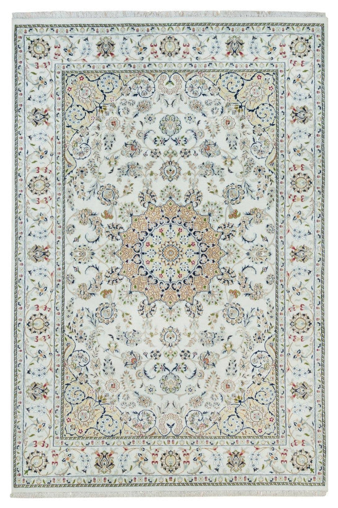 Powder White, Hand Knotted, Nain Design, 250 KPSI Natural Wool Rug, 6'1"x9'1"