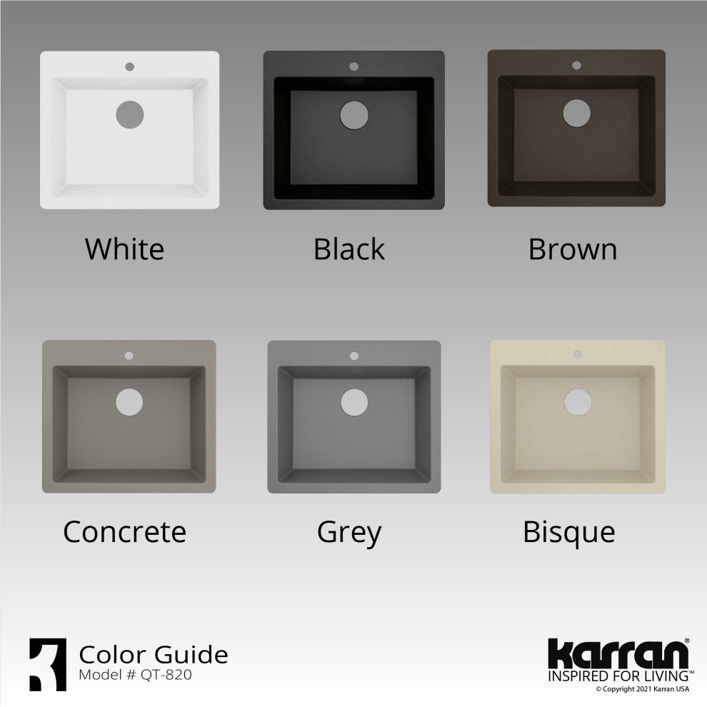 Karran QT-820 Top Mount 25" Single Bowl Quartz Kitchen Sink, Concrete