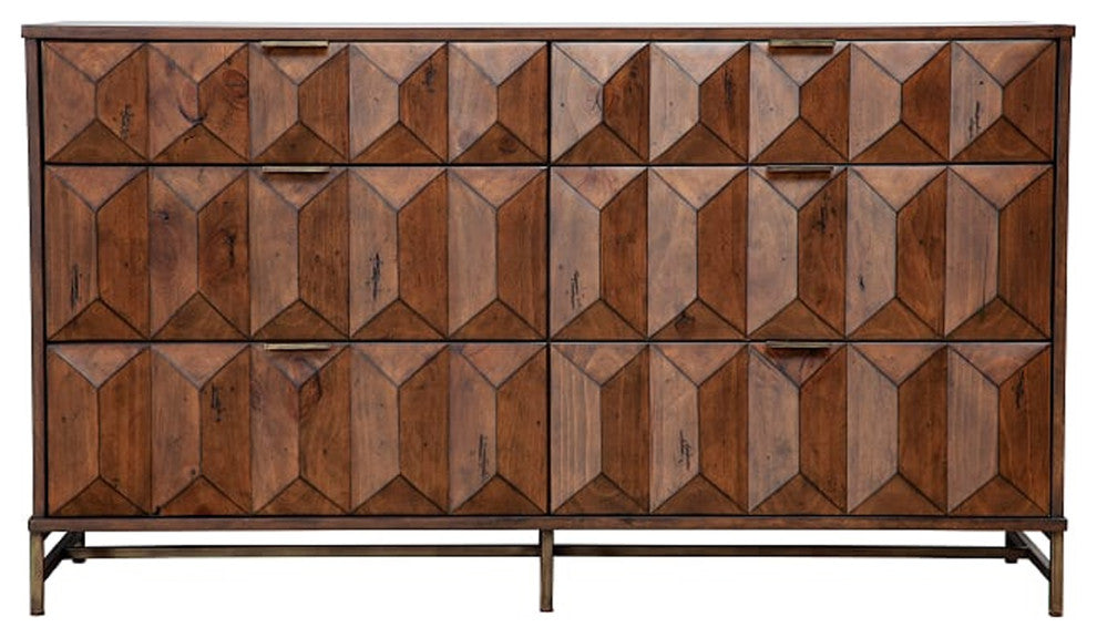 Benzara BM206681 6 Drawer Dresser With Honeycomb Design and Metal Legs, Brown