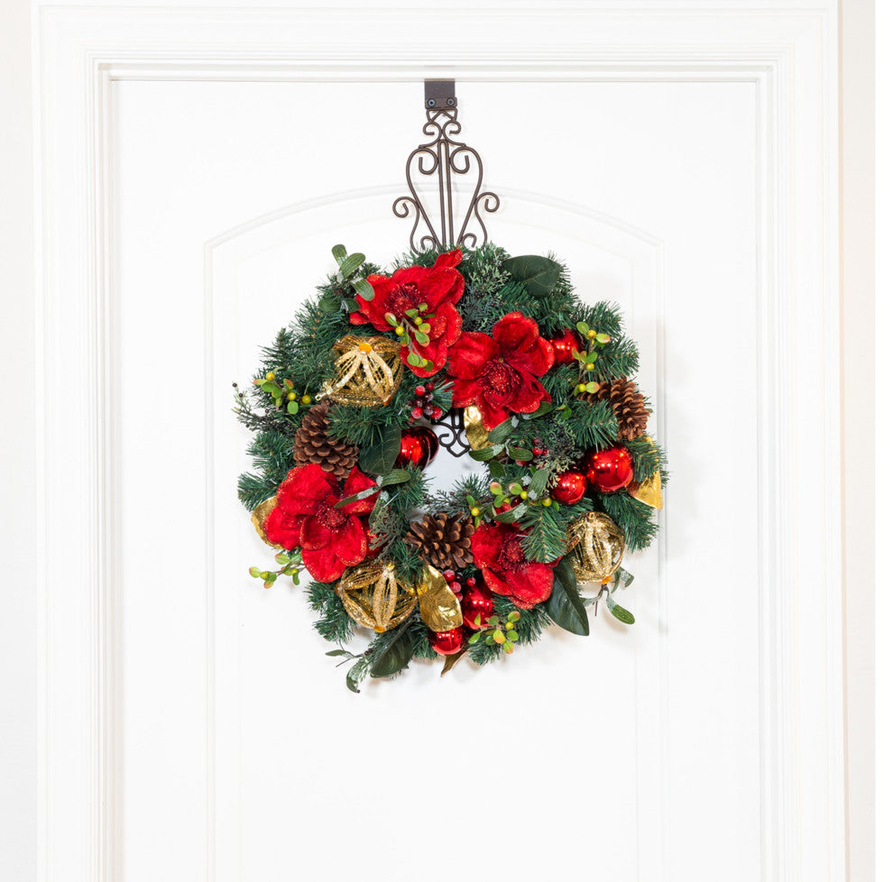 24" Lighted Christmas Wreath, Red Magnolia