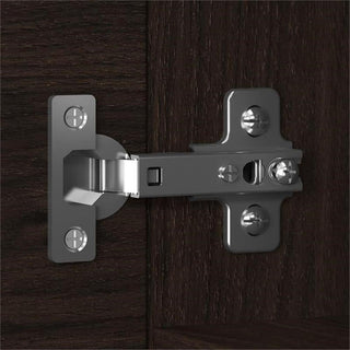 Close-up detail of hinge/door hardware on wood cabinet.
