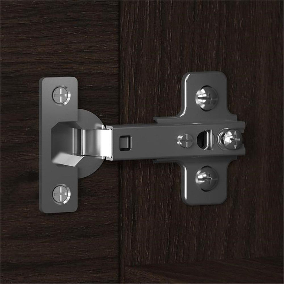 Close-up detail of hinge/door hardware on wood cabinet.