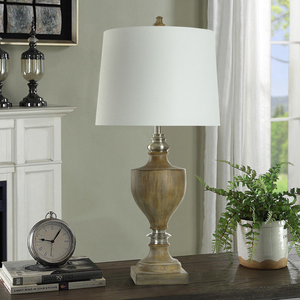 Branson Brushed Polyresin and Table Lamp White Linen Shade 36"H, Brown, Metal