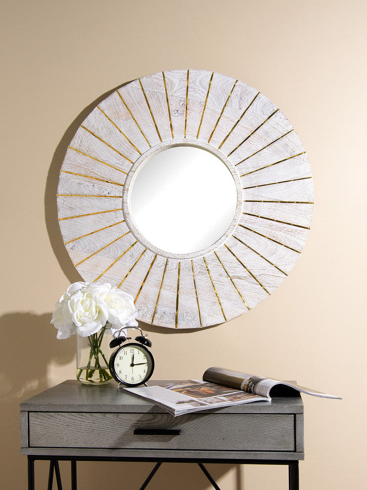 Round Whitewashed Wood Mirror with Gold Finish Inlay