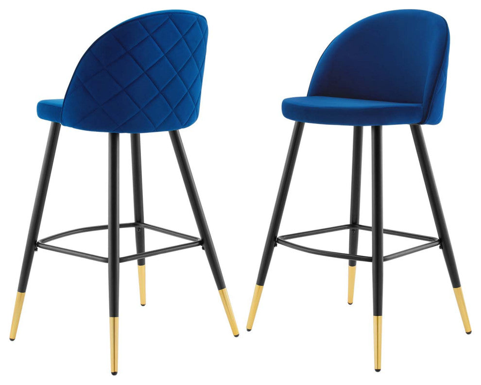 Bar Stool Chair Barstool, Set of 2, Velvet, Metal, Blue Navy, Modern, Bar Pub