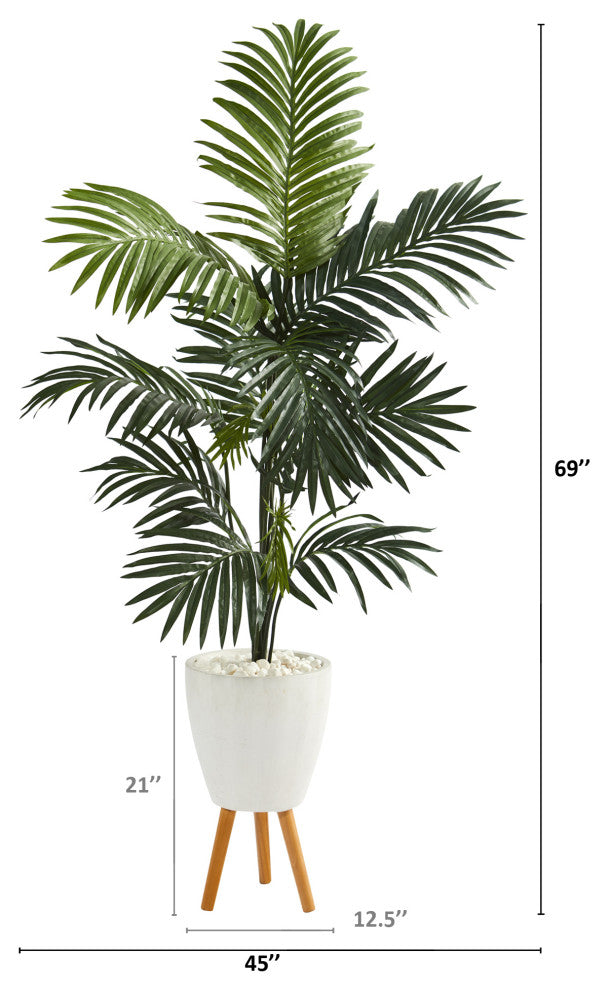 69" Kentia Artificial Palm Tree, White Planter With Stand
