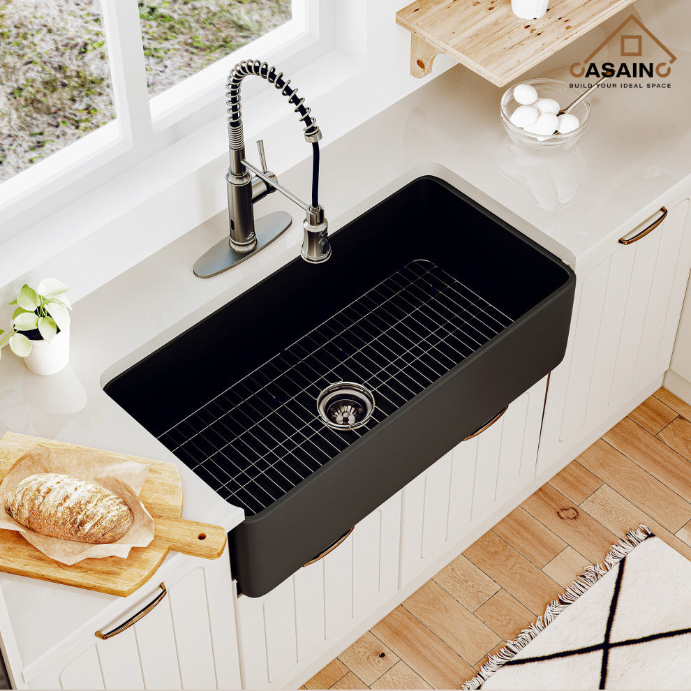 Fireclay 36inch Single Bowl Farmhouse Apron Kitchen Sink with Bottom Grid, 36