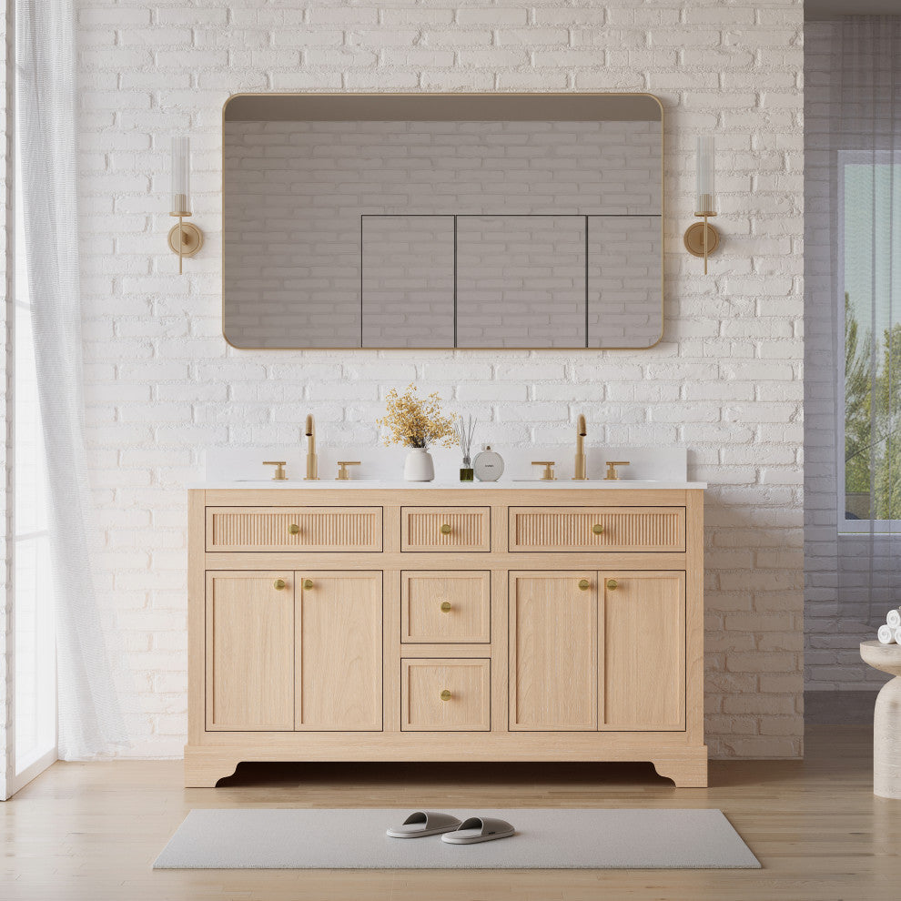 Solid Wood Bathroom Vanity with Carrara White Quartz Top, CUPC-certified Sink, 60"