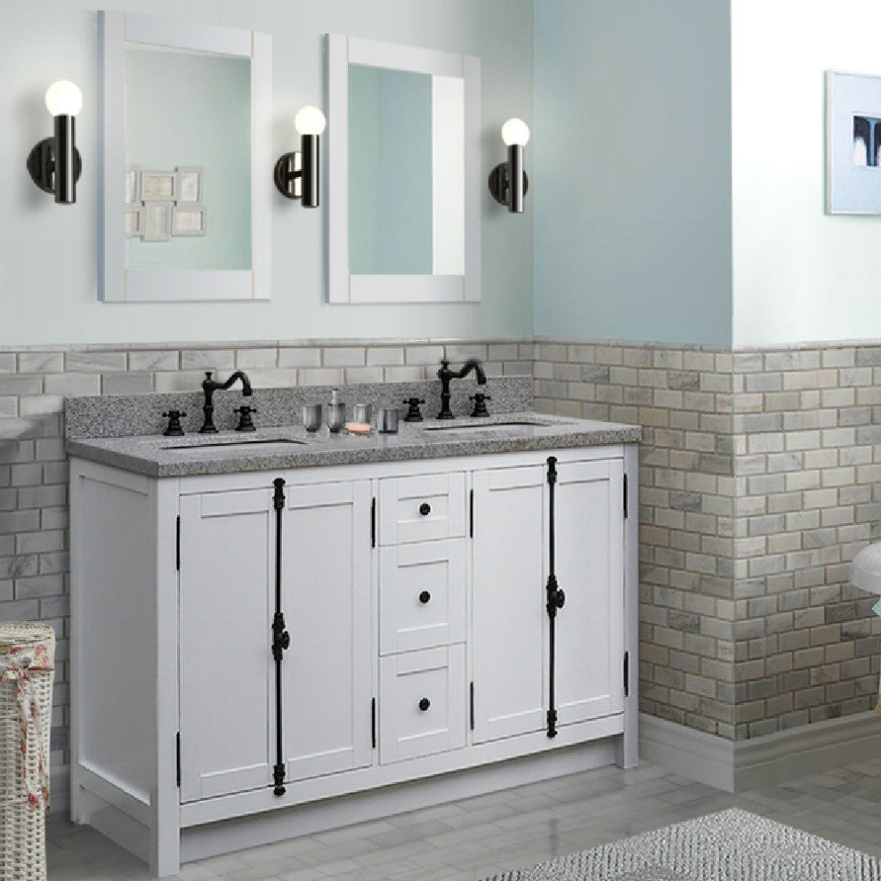 55" Double Vanity, Glacier Ash With Gray Granite Top, Mirrors & Rectangle Sinks