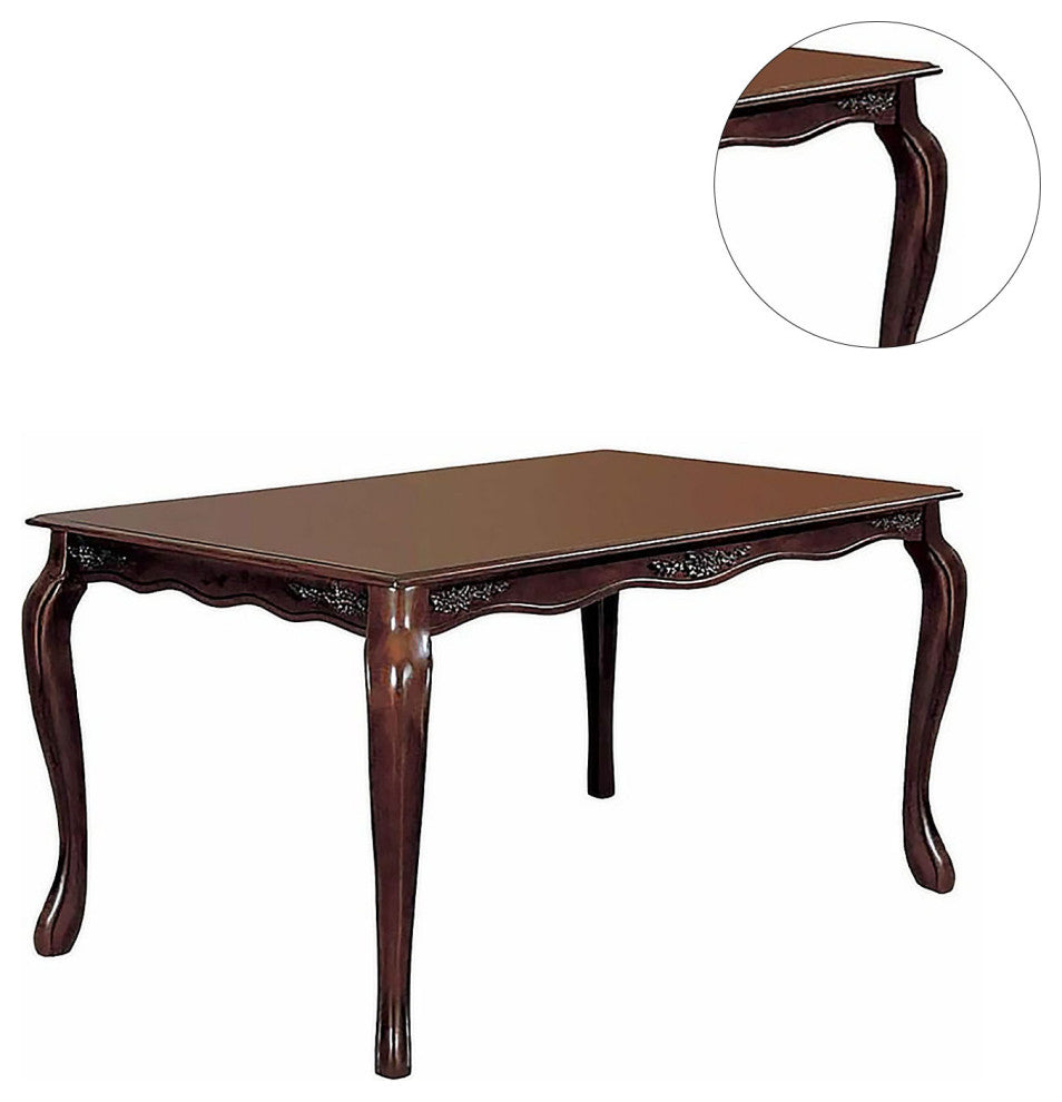 Wooden Dining Table With Floral Accents, Dark Walnut