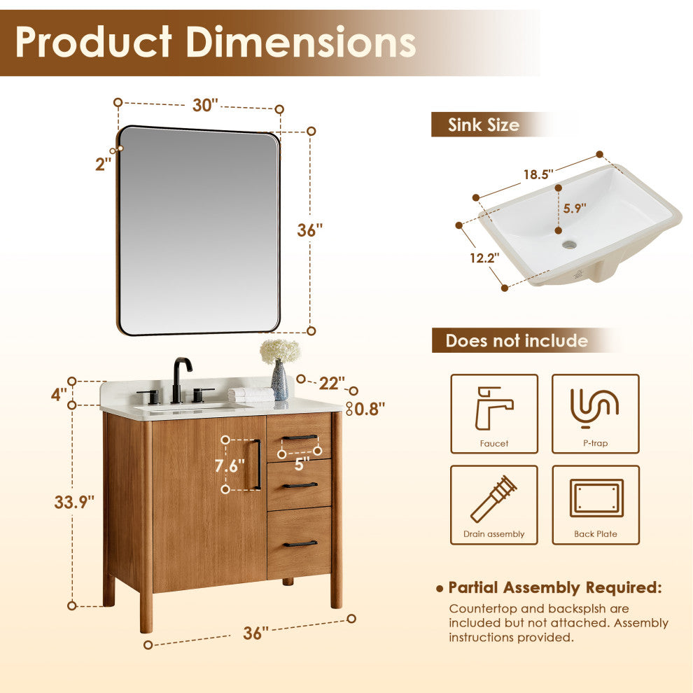 Velora Bathroom Vanity, Mango Brown, 36", With Mirror