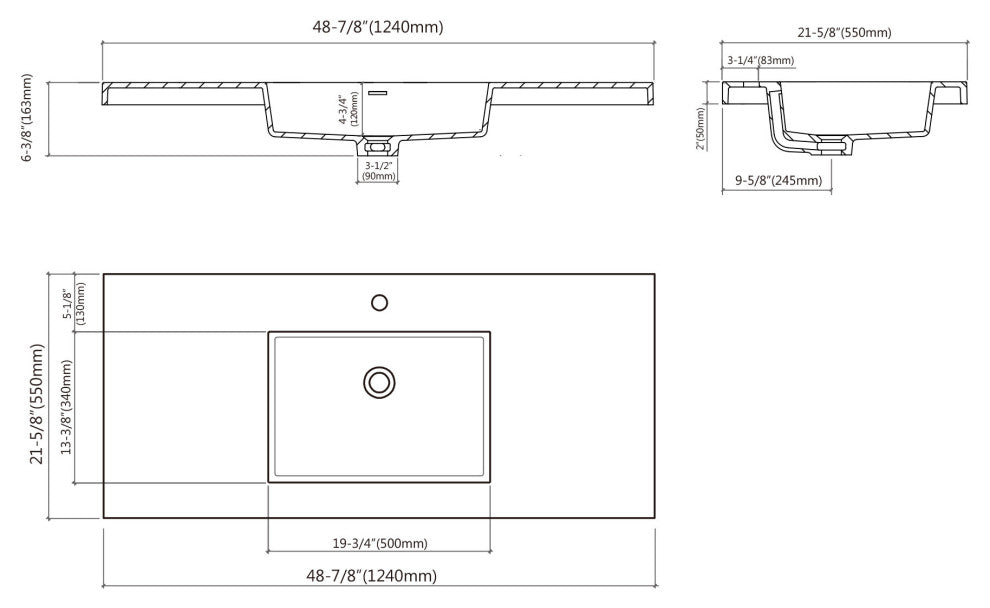 Dowell 22" FTB Resin Bathroom Vanity Basin, White, 49wx22dx6h 1-Sink