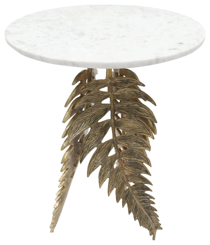 Sofa Side Table, Round, Artificial Marble, Aluminum Metal, White, Gold, Lounge
