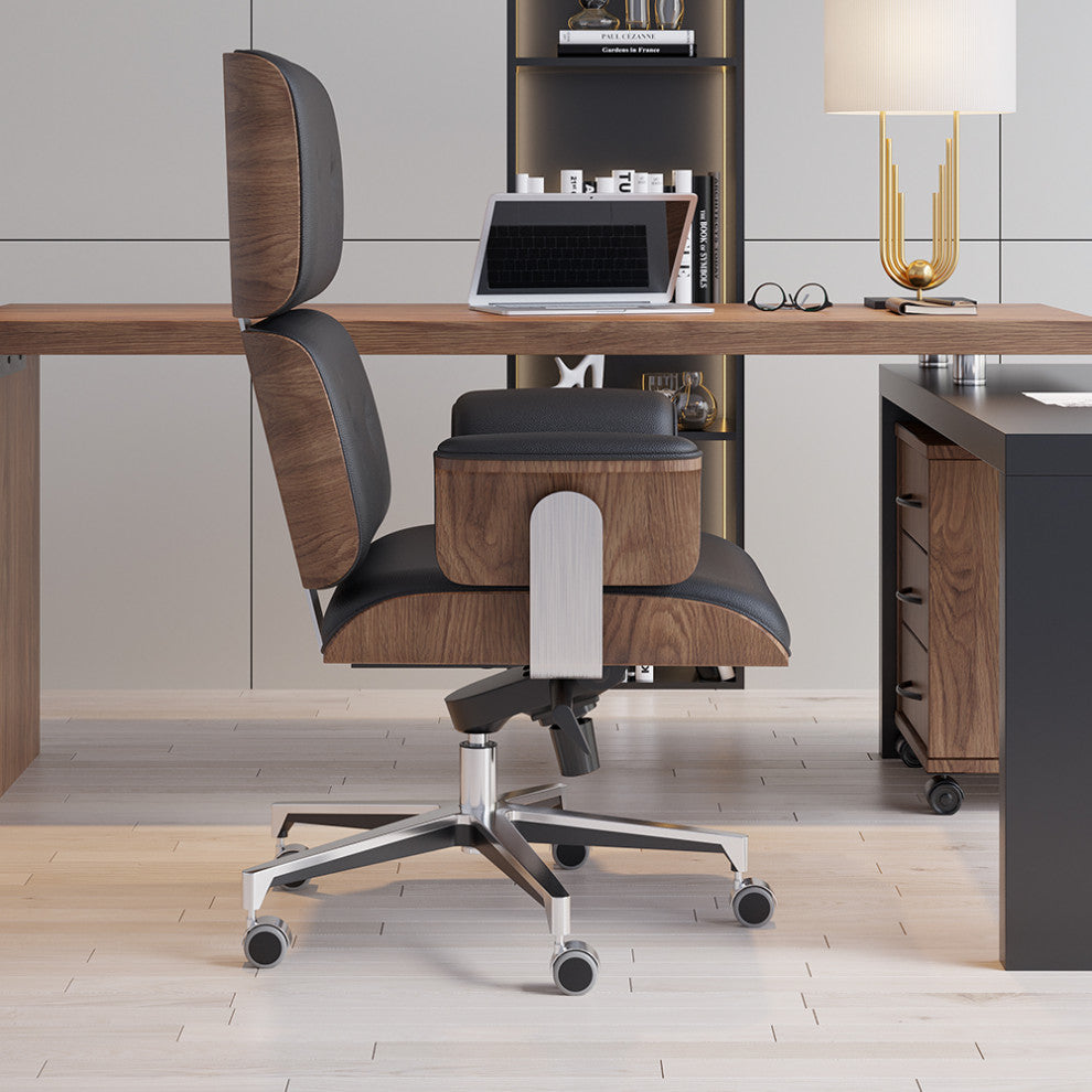 Black Home Office Chair Swivel Upholstered Wooden Desk Chair Adjustable Height, Black