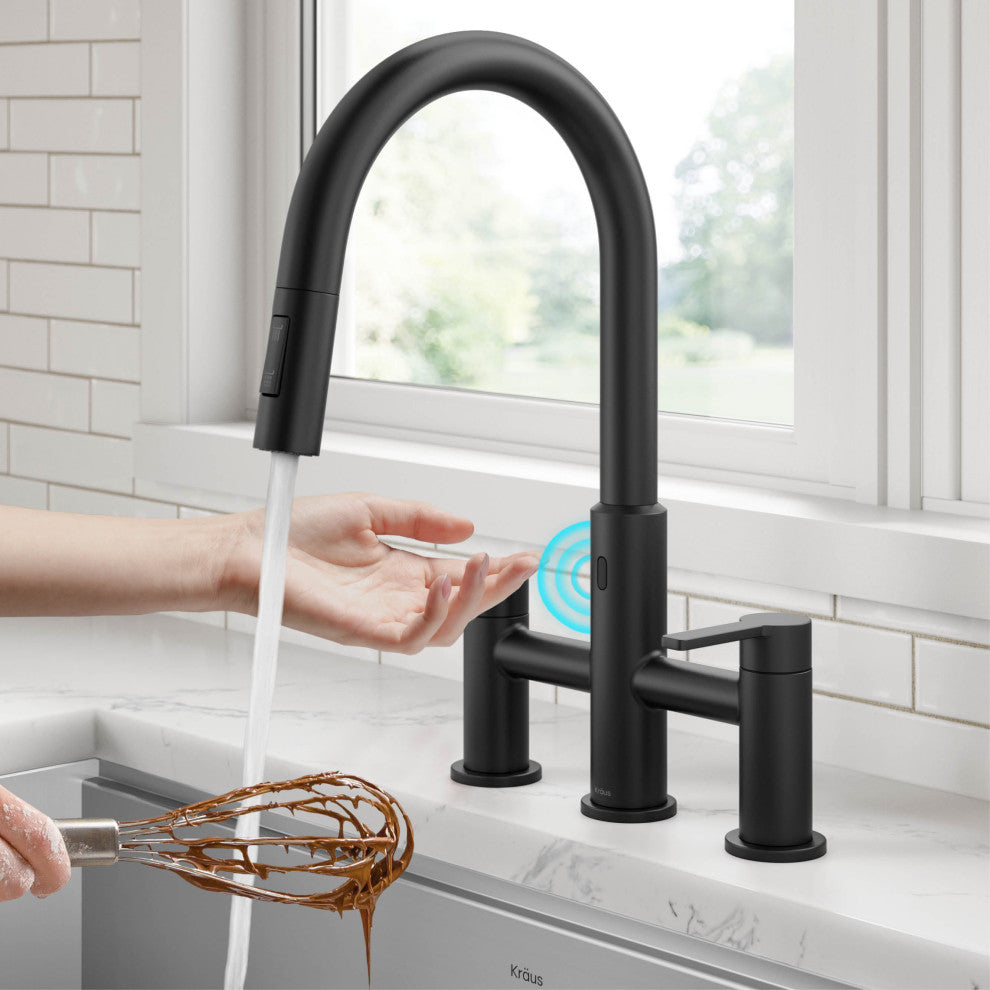 KRAUS Oletto Touchless Sensor Bridge Kitchen Faucet w Pulldown Sprayhead MB
