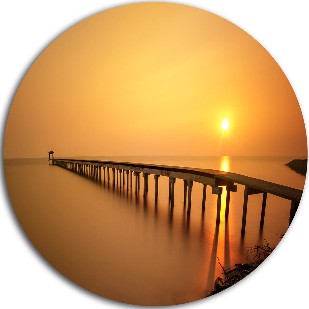 Old Wooden Pier Long To Evening Sea, Seascape Round Wall Art, 11"